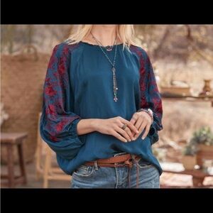 Sundance Women's Boho Blue Silk Top with Red Embroidered